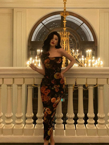 Sheath Strapless Black Floral Prom Dresses Birthday Outfits Evening Gown SD936